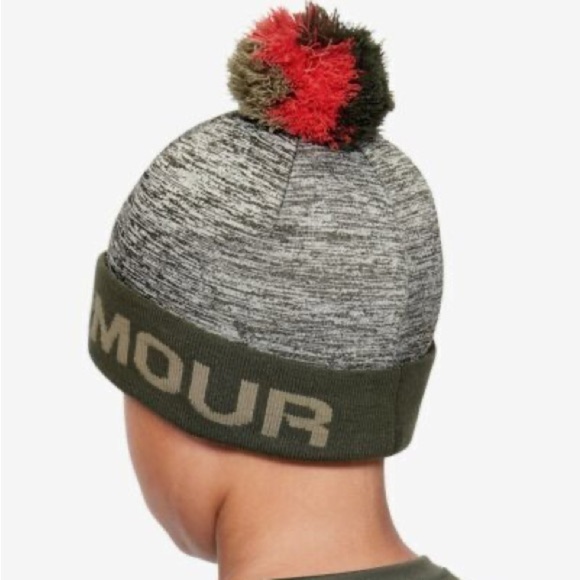 Under Armour Green Hat Boys One Size Beanie Coldgear Pom Winter Knit Orange - Picture 1 of 4